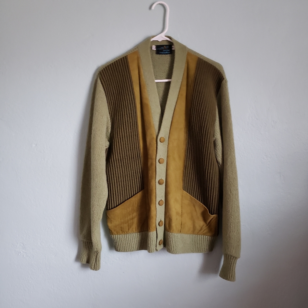 Vintage 1960s Wool Knitted Suede Front Geo Mod Cardigan Sweater Green Medium